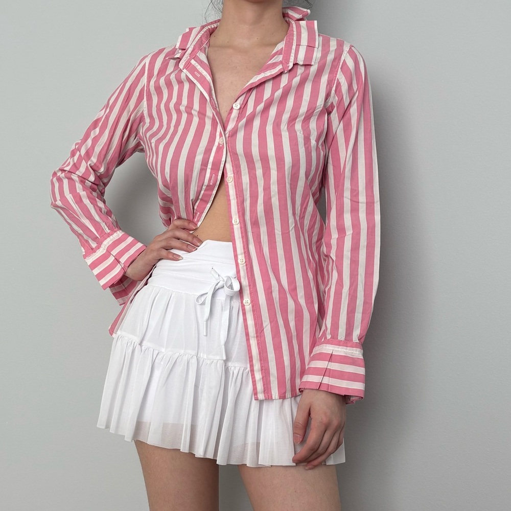 Pink and white striped button-up shirt